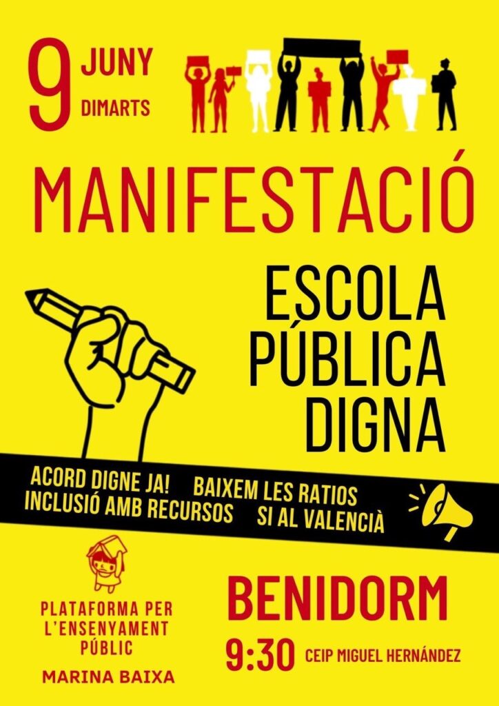 Demà dimarts la comunitat educativa de la Marina Baixa es mobilitzarà a Benidorm en defensa de l’ensenyament públic